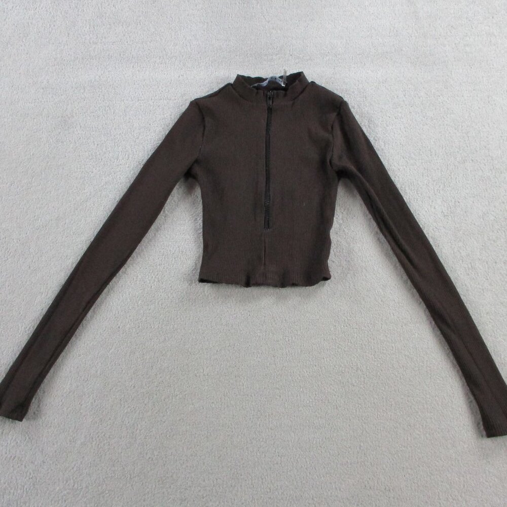 Naked Wardrobe Mock Neck Ribbed Crop Top Womens XS Brown Long Sleeve Zip Jacket